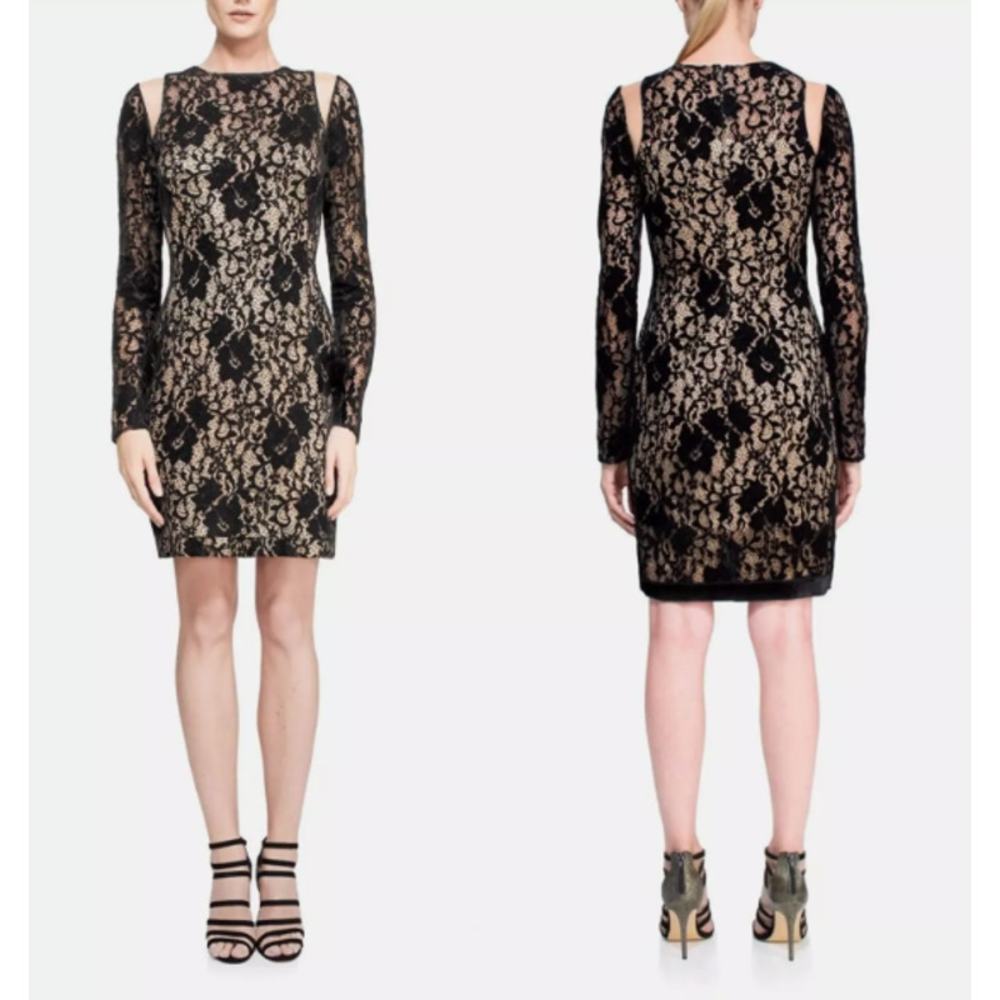 Tadashi Shoji Velvet Black Lace Cocktail Dress‎ Illusion Shoulder Long Sleeve 6